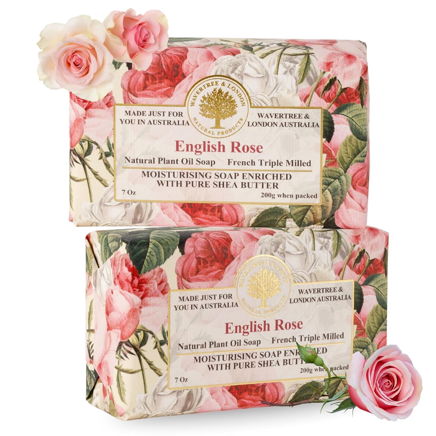 English Rose Scented Natural Soap (2 Bars), 7Oz Moisturizing French Triple Milled Soap Bars Enriched with Shea Butter - Pure Plant Oil Bath & Body Soap for All Skin Types