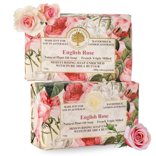 English Rose Scented Natural Soap (2 Bars), 7Oz Moisturizing French Triple Milled Soap Bars Enriched with Shea Butter - Pure Plant Oil Bath & Body Soap for All Skin Types