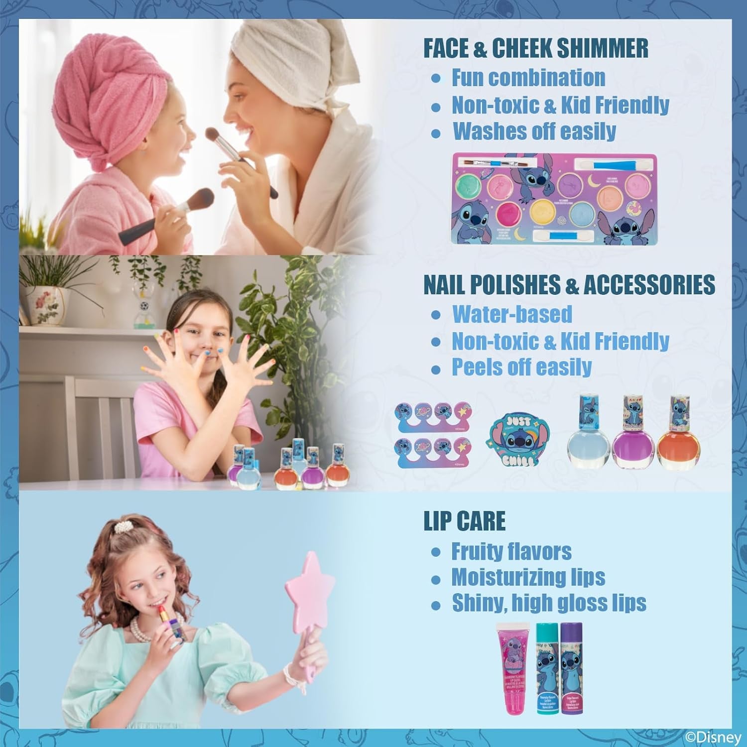 Stitch Train Case Beauty Set, Kids Makeup Kit for Girls, Real Washable Makeup Set, Play Makeup, Party Favor, Birthday, Ages 3 4 5 6 7 8 9 10 11 12 by