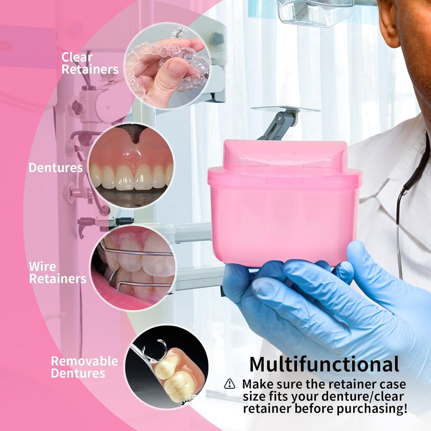 Dental Orthodontic Retainer Container Cleaning Case,Denture Bath Box Case Cup Holder, Mouthguard Storage Soaking Case - Leak Proof with Lid Waterproof - Pink…