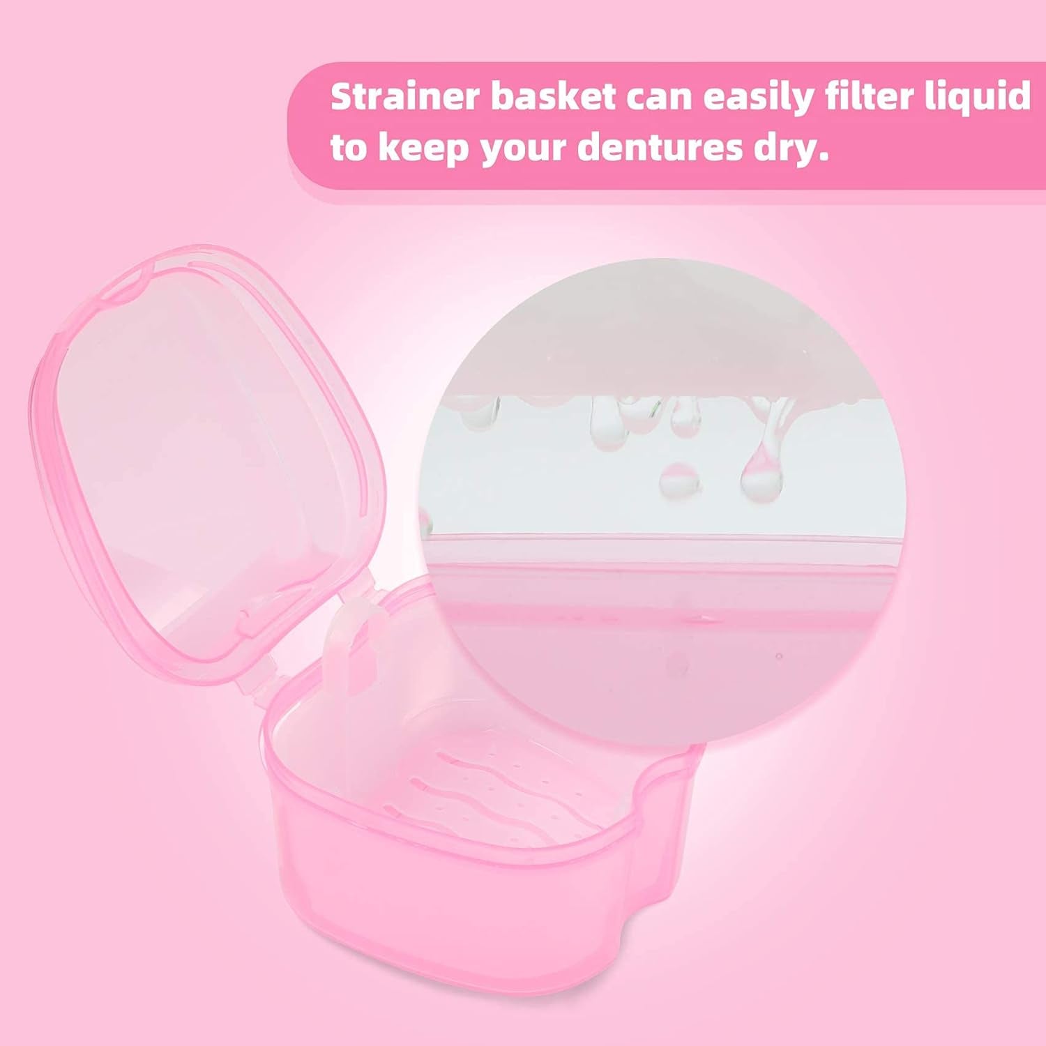 Dental Orthodontic Retainer Container Cleaning Case,Denture Bath Box Case Cup Holder, Mouthguard Storage Soaking Case - Leak Proof with Lid Waterproof - Pink…