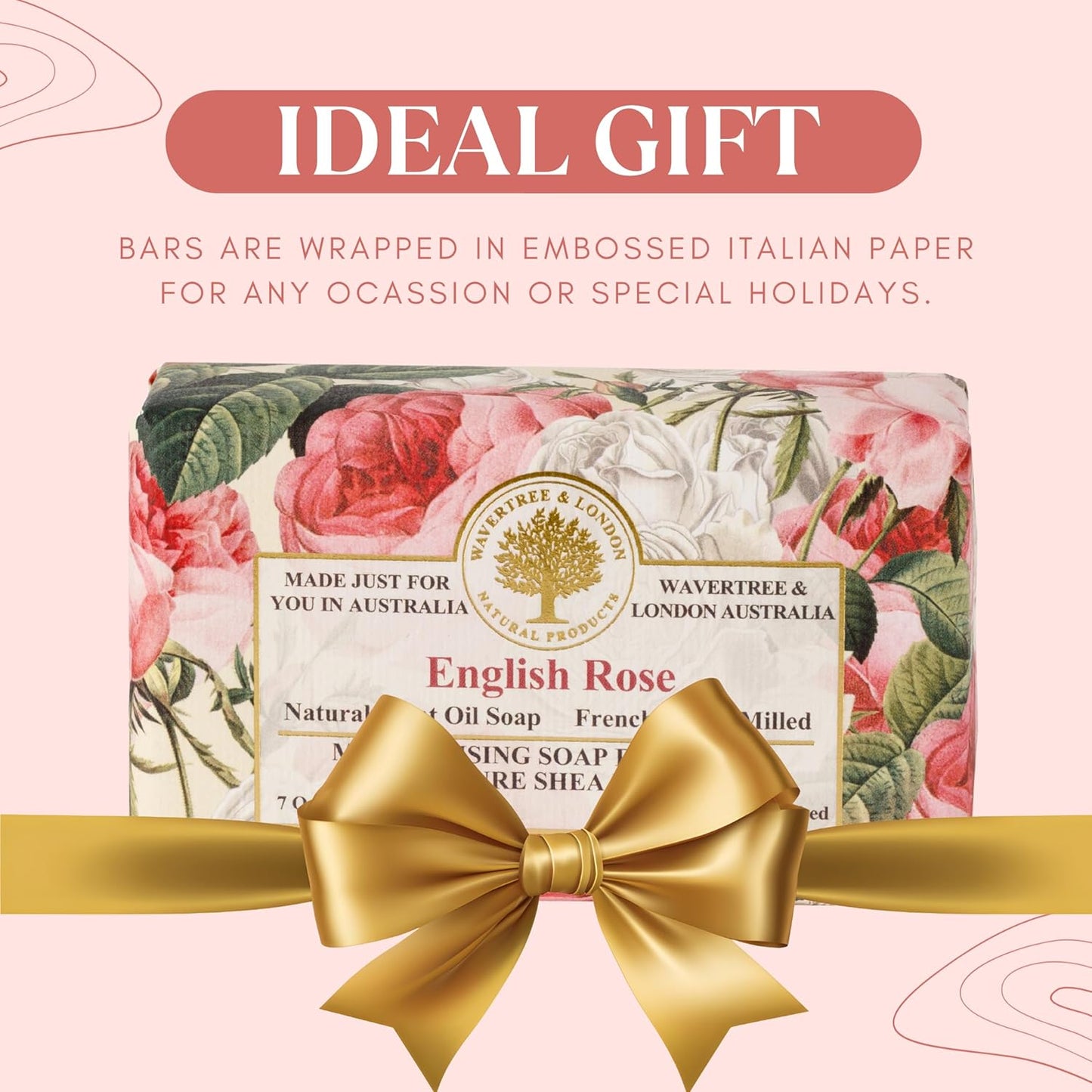 English Rose Scented Natural Soap (2 Bars), 7Oz Moisturizing French Triple Milled Soap Bars Enriched with Shea Butter - Pure Plant Oil Bath & Body Soap for All Skin Types