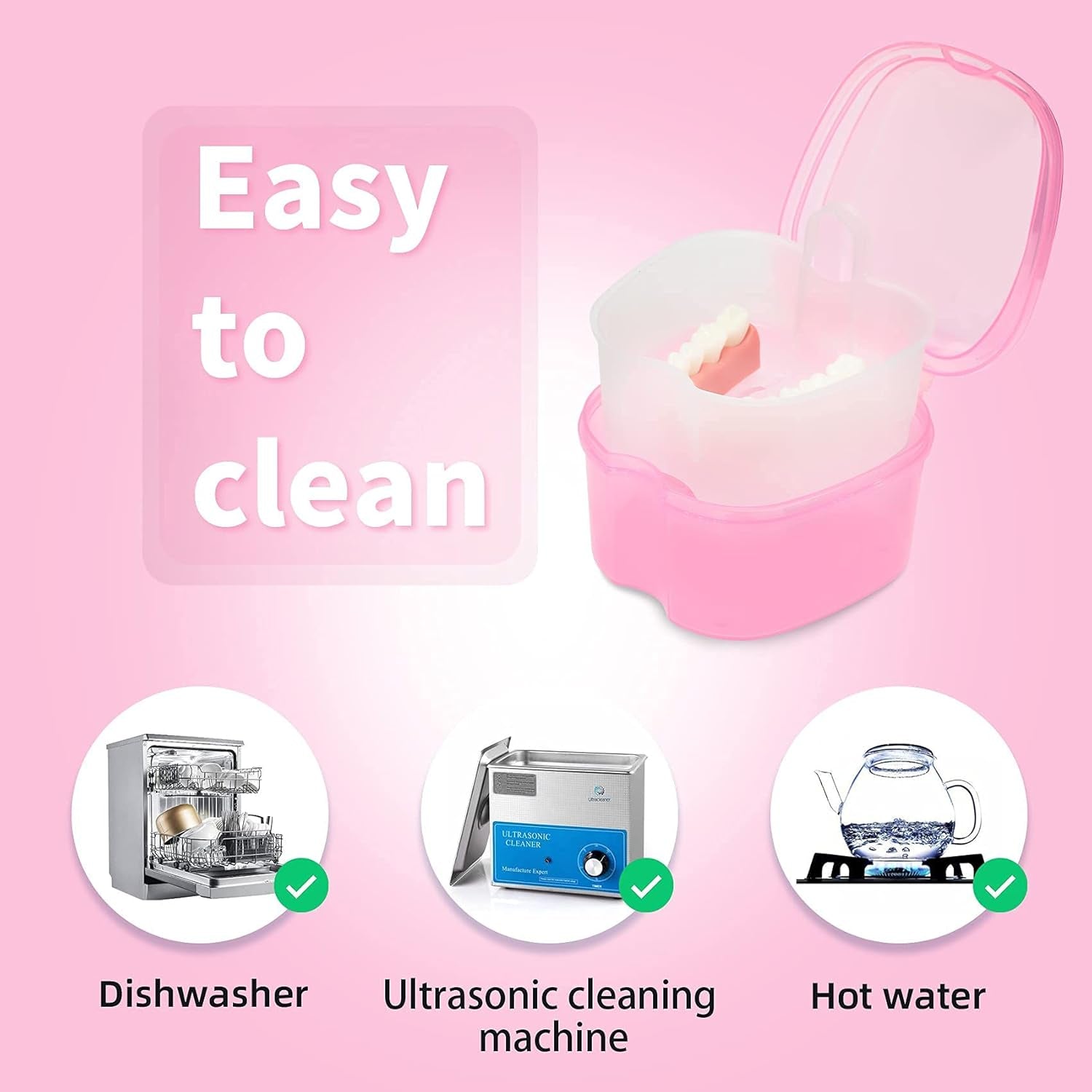 Dental Orthodontic Retainer Container Cleaning Case,Denture Bath Box Case Cup Holder, Mouthguard Storage Soaking Case - Leak Proof with Lid Waterproof - Pink…