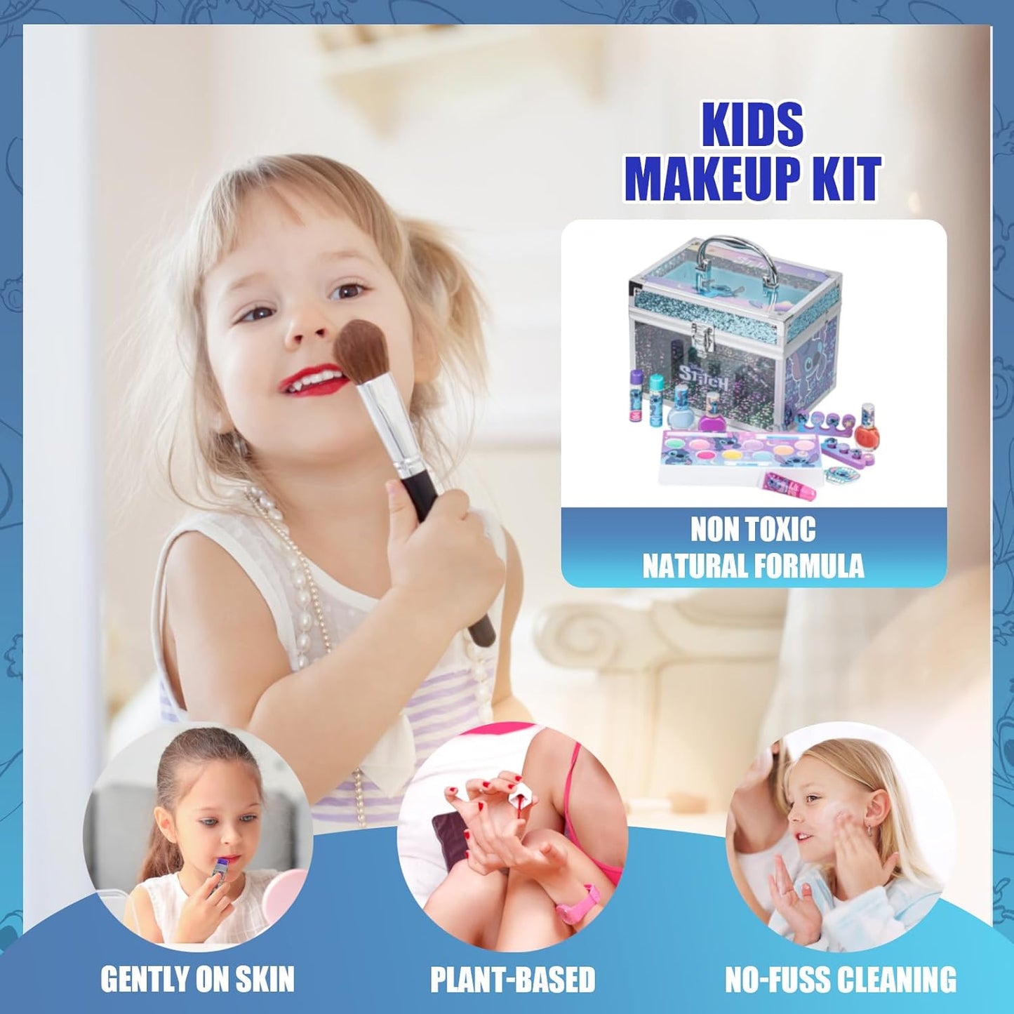 Stitch Train Case Beauty Set, Kids Makeup Kit for Girls, Real Washable Makeup Set, Play Makeup, Party Favor, Birthday, Ages 3 4 5 6 7 8 9 10 11 12 by