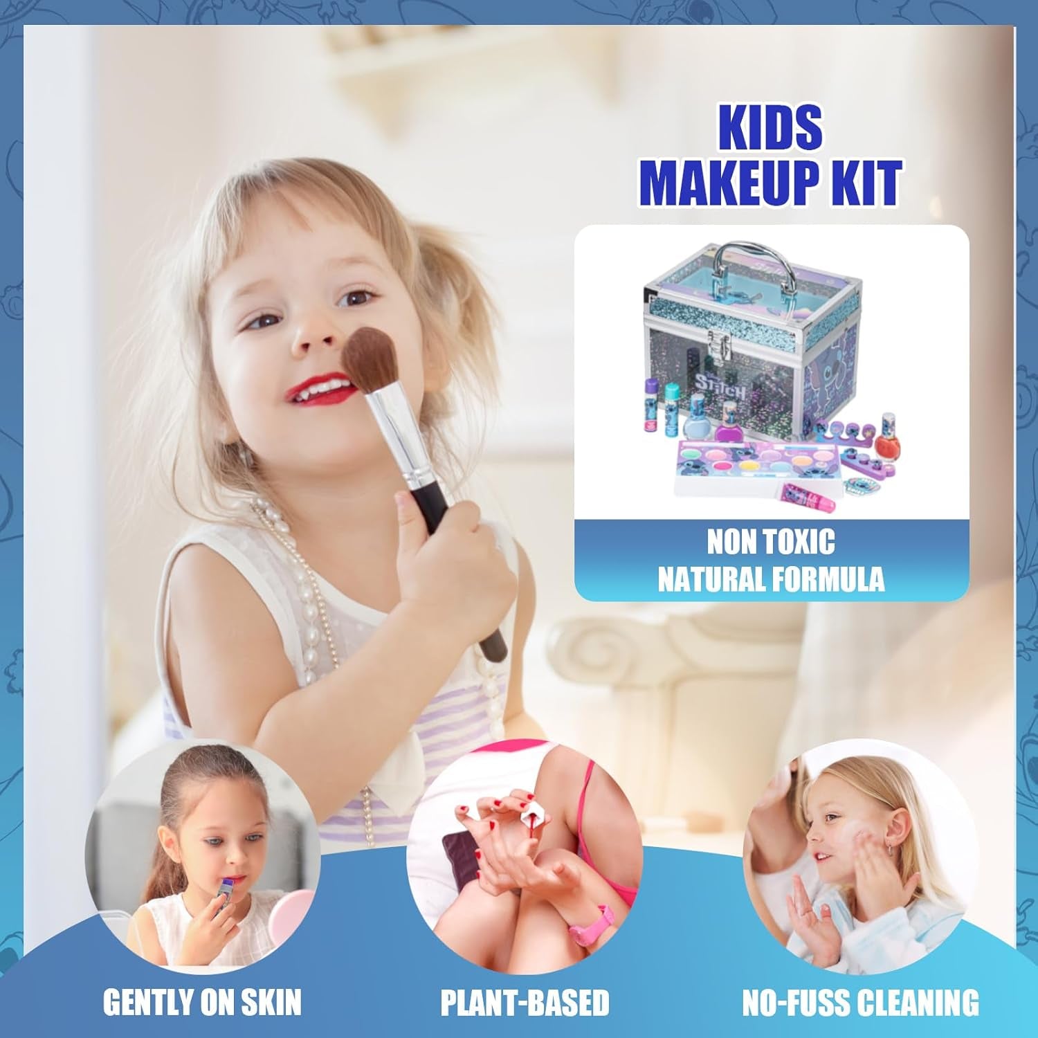 Stitch Train Case Beauty Set, Kids Makeup Kit for Girls, Real Washable Makeup Set, Play Makeup, Party Favor, Birthday, Ages 3 4 5 6 7 8 9 10 11 12 by