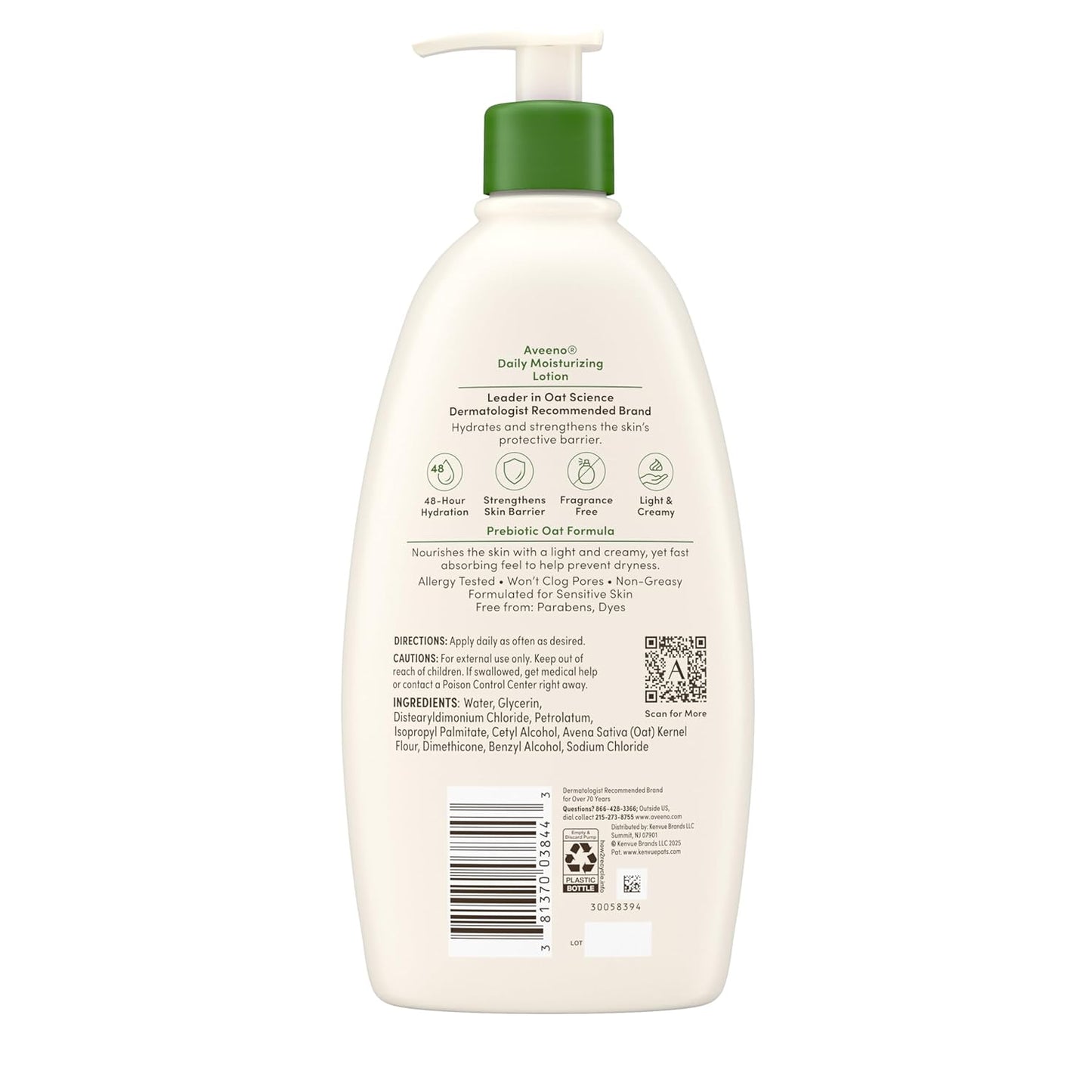 Daily Moisturizing Body Lotion, Body Lotion for Dry Skin with Prebiotic Oat, Paraben Free, Fragrance Free, Non-Greasy, Non-Comedogenic Moisturizer, 18 FL OZ