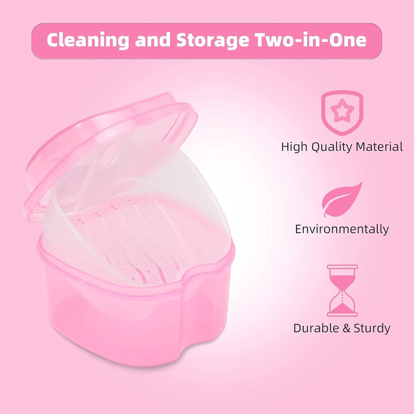 Dental Orthodontic Retainer Container Cleaning Case,Denture Bath Box Case Cup Holder, Mouthguard Storage Soaking Case - Leak Proof with Lid Waterproof - Pink…