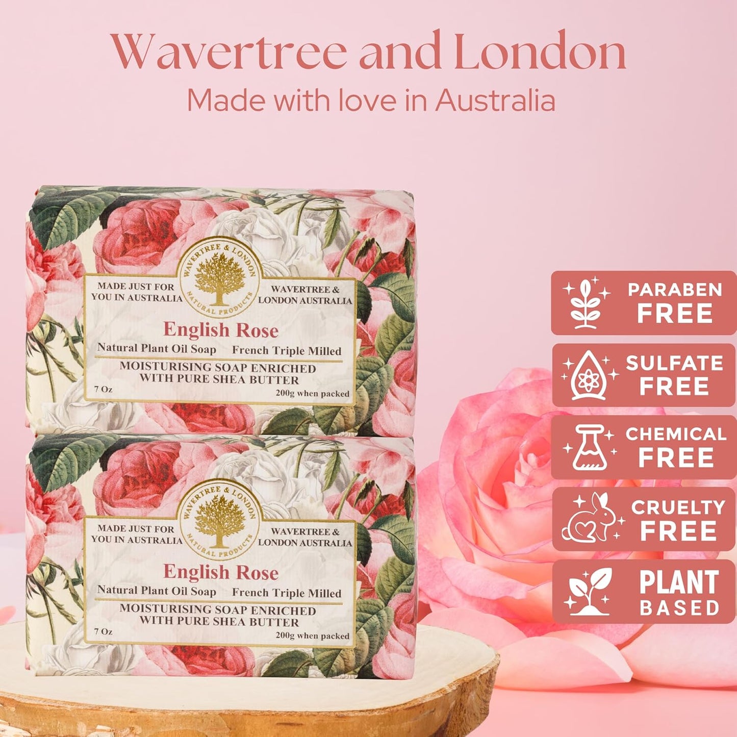 English Rose Scented Natural Soap (2 Bars), 7Oz Moisturizing French Triple Milled Soap Bars Enriched with Shea Butter - Pure Plant Oil Bath & Body Soap for All Skin Types