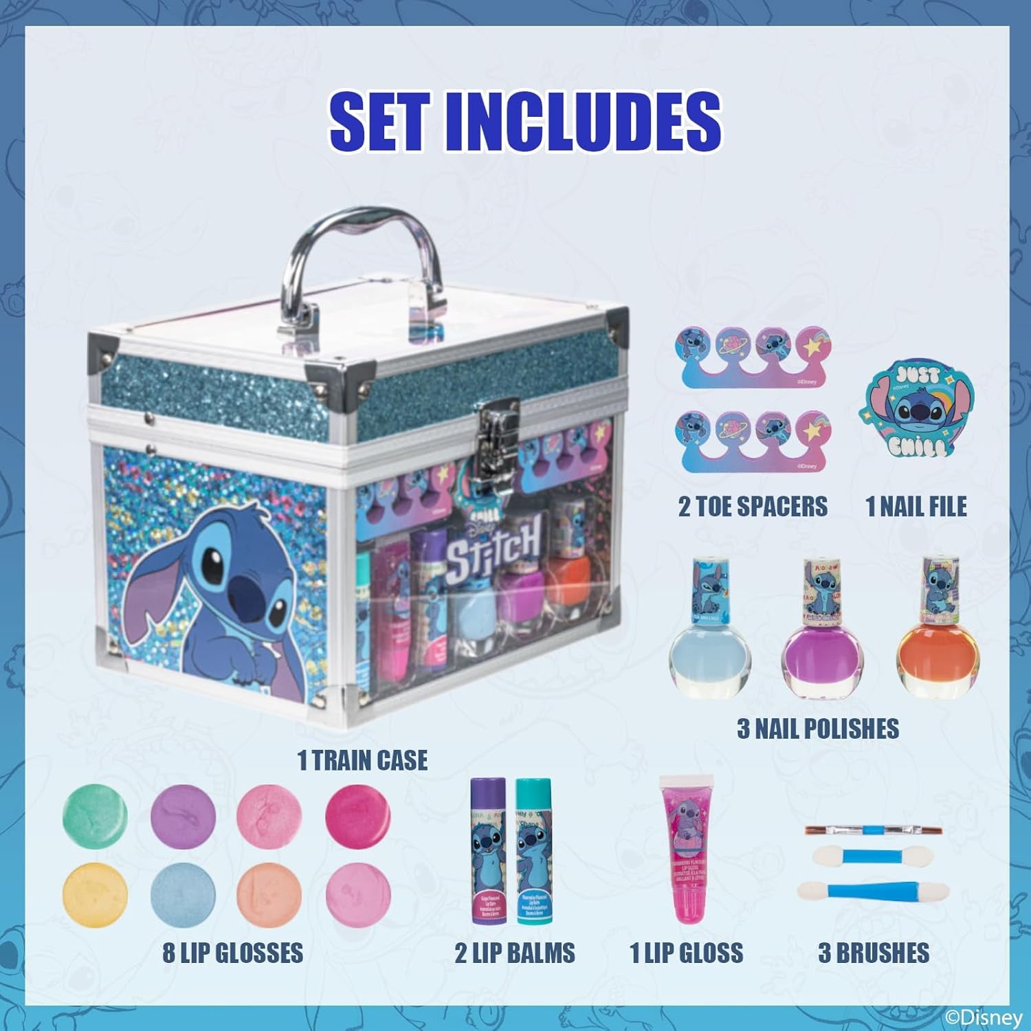 Stitch Train Case Beauty Set, Kids Makeup Kit for Girls, Real Washable Makeup Set, Play Makeup, Party Favor, Birthday, Ages 3 4 5 6 7 8 9 10 11 12 by